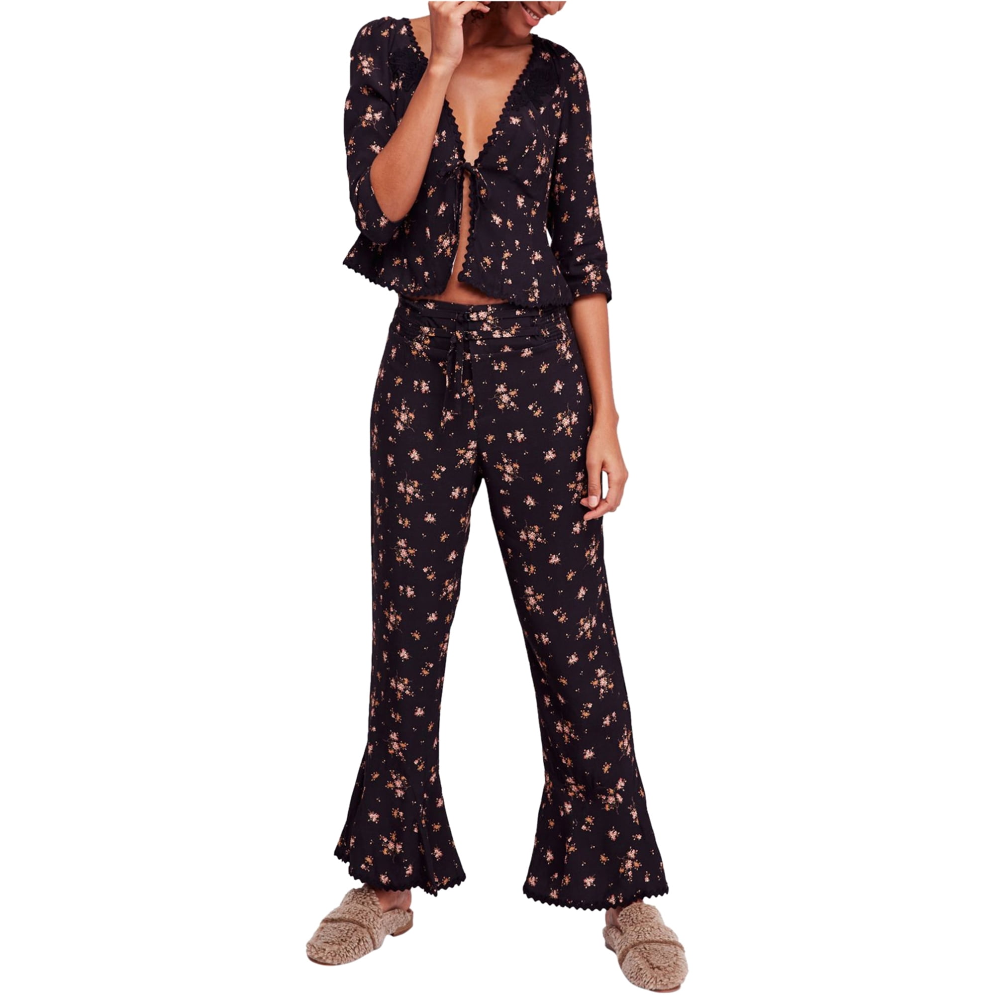 Free People Womens El Paso Pajama Sleep Set, Black, X-Small