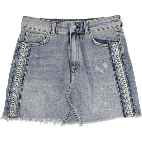 Free People Womens Embellished Sides Denim Skirt, Blue, 4