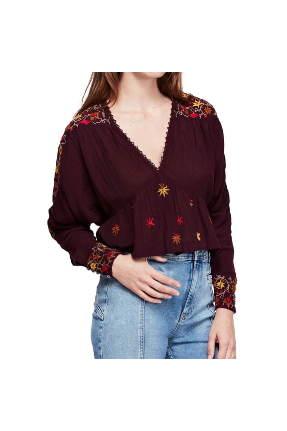 Womens Embroidered Pullover Blouse, Purple, Small