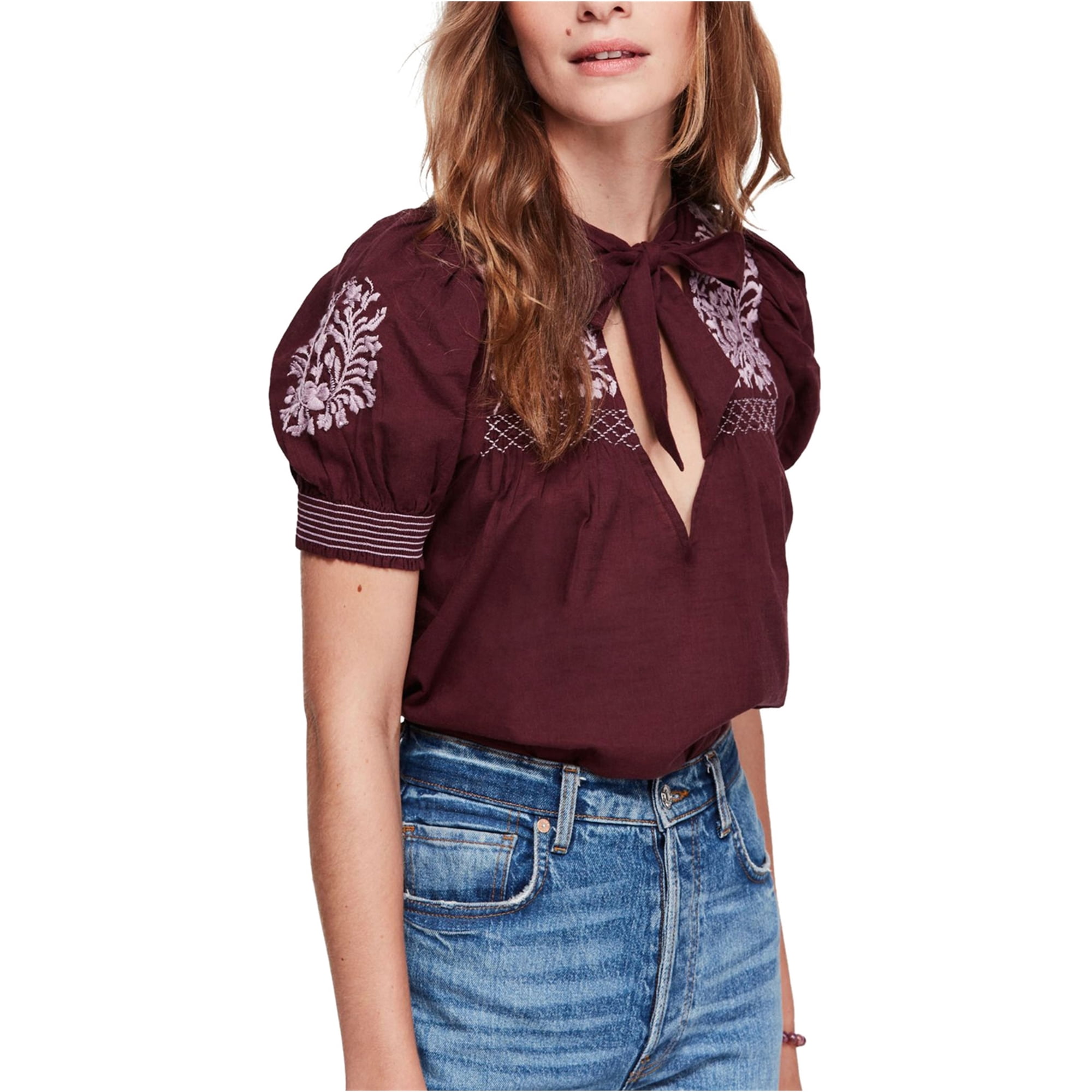 Free People Womens Embroidered Pullover Blouse, Purple, X-Small