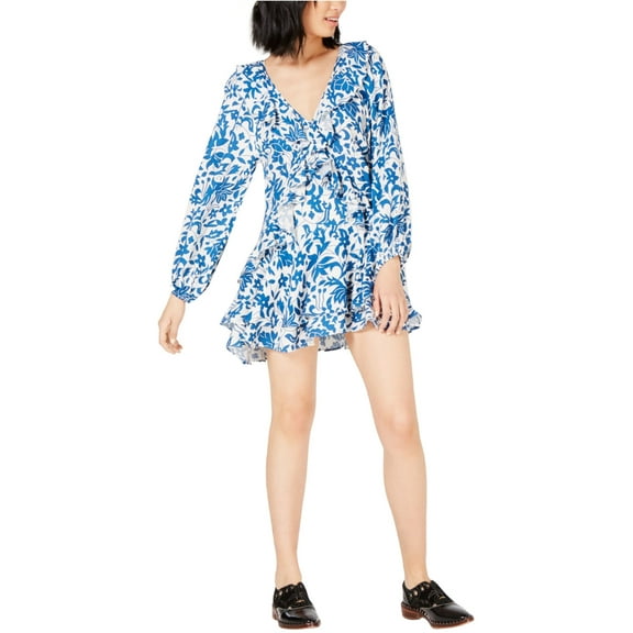 Free People Womens Floral Mini Ruffled Dress, Blue, Large