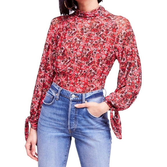 Free People Womens Floral Pullover Blouse, Red, Large