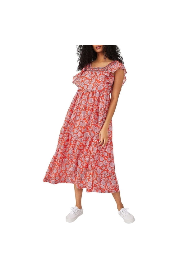 Womens Flutter Sleeve Calf Midi Dress