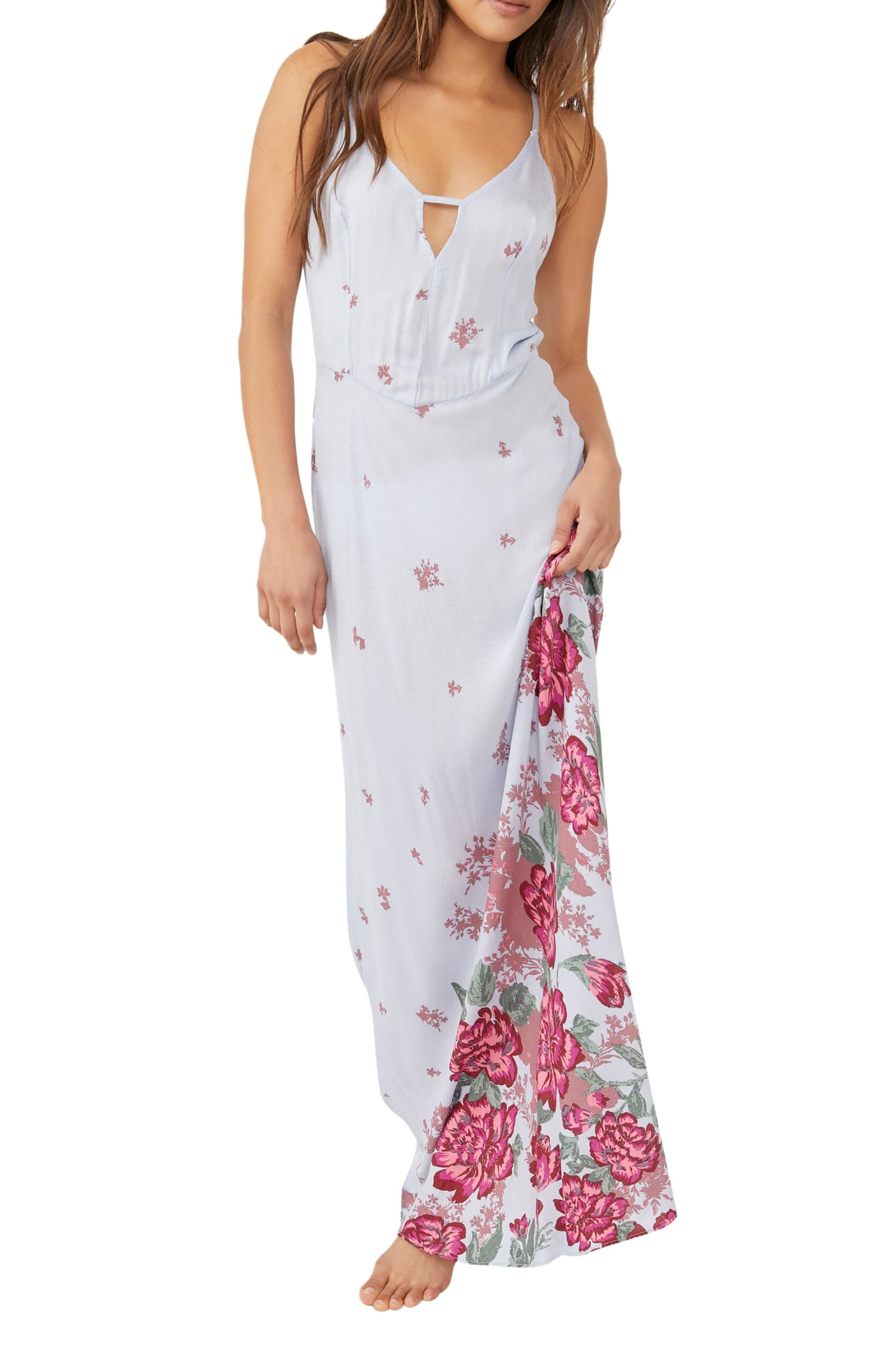 Free People Get To You Printed Maxi Dress - Floral Embroidered V-Neck Slip Dress