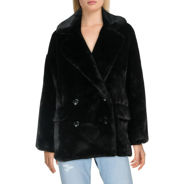 Free People Womens Kate Winter Double-Breasted Faux Fur Coat Black S