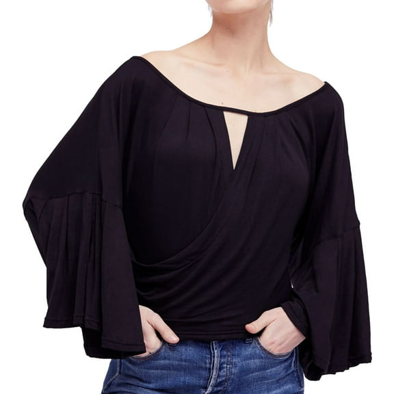 Free People Womens Key Hole Pullover Blouse, Black, Small