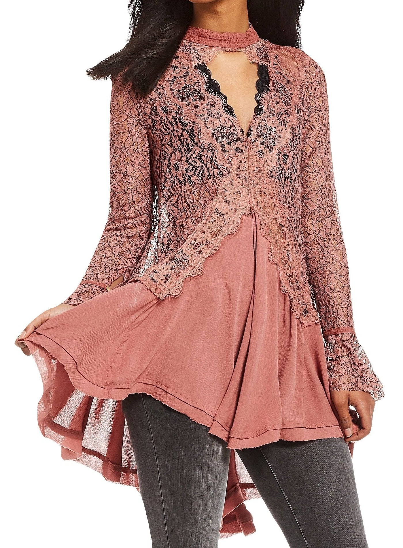 Free People Tell Tale Cutout Lace Tunic - Pink L Free People Tell Tale Cutout Lace Tunic - Pink L
