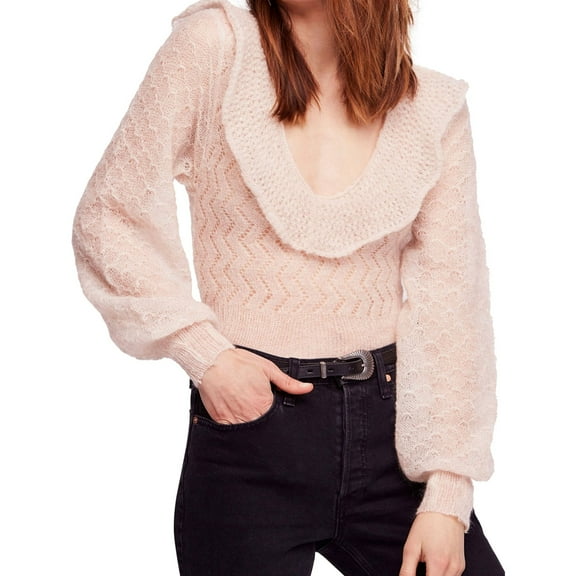 Free People Womens Macaroon Pullover Sweater, Beige, Large