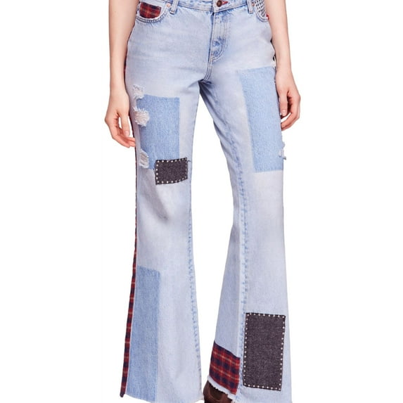 Free People Womens Mixed Patch Wide Leg Jeans, Blue, 28