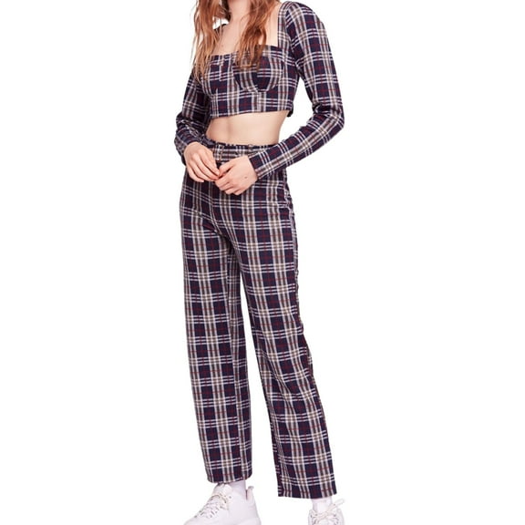 Free People Womens Modern Love Plaid Crop Top Blouse, Multicoloured, 4