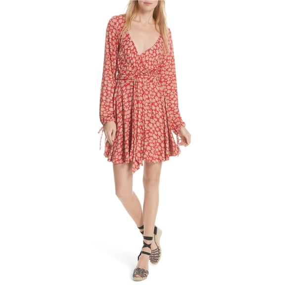 FREE PEOPLE $108 Womens New 1061 Red Floral Long Sleeve Fit + Flare Dress XS B+B