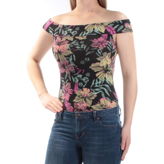 Free People Womens Floral Print Off-The-Shoulder Bodysuit Black M