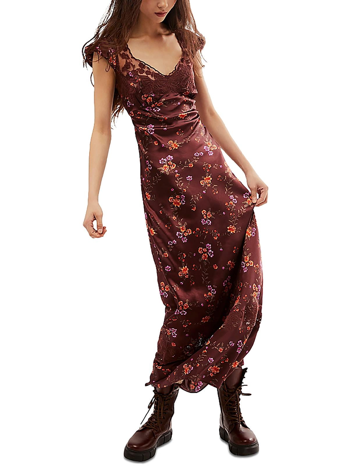 Brown Floral Satin Maxi Dress with Lace Details