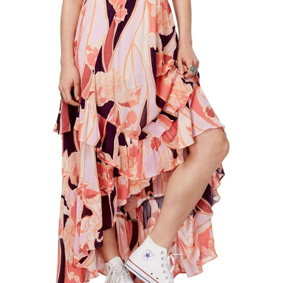 Free People Womens Printed Tiered High-Low Skirt, Orange, 4