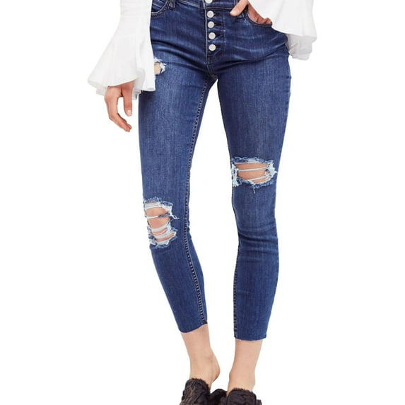 Free People Womens Raw-Edge Skinny Fit Jeans, Blue, 24