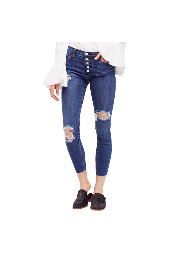 Womens Raw-Edge Skinny Fit Jeans, Blue, 26