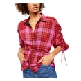 thumbnail image 1 of Free People Womens Ruched Plaid 3/4 Sleeve Collared Button Up Top  Size, 1 of 4