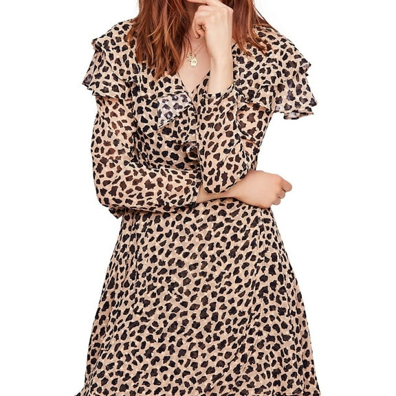 Free People Womens Ruffled Wrap Mini Dress, Brown, Large