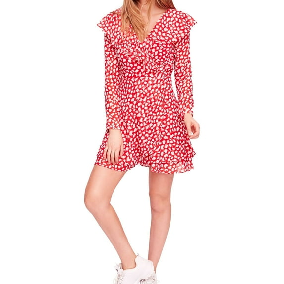 Free People Womens Ruffled Wrap Mini Dress, Red, Large