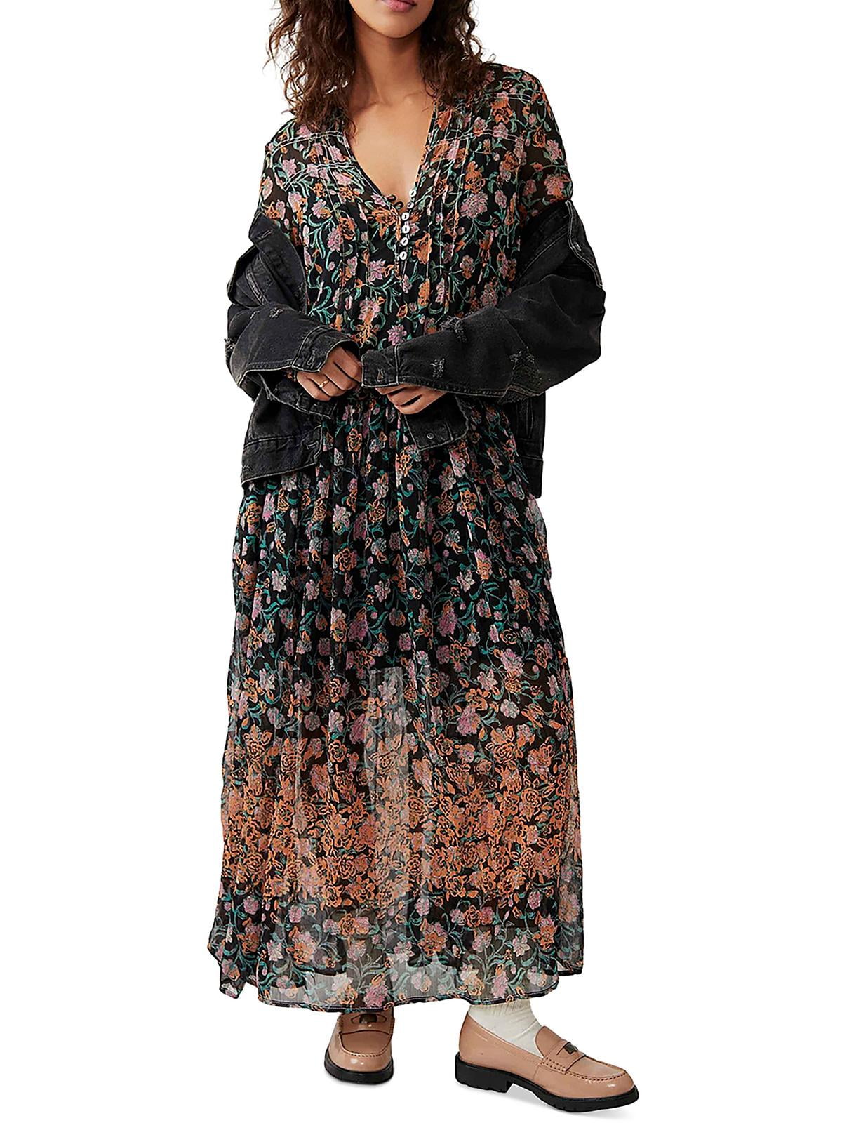 chinese dress ladies Intimately Free People Black and Teal Mixed Pattern Floral Maxi Dress with  Tags Attached (XS)