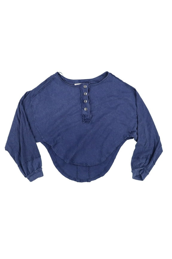 Womens Shirt Cropped Long Sleeve Frayed Button-Front Blue Large New