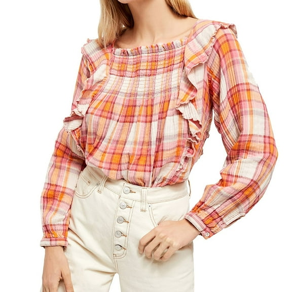 Free People Womens Siena Plaid Ruffled Blouse, Orange, Small