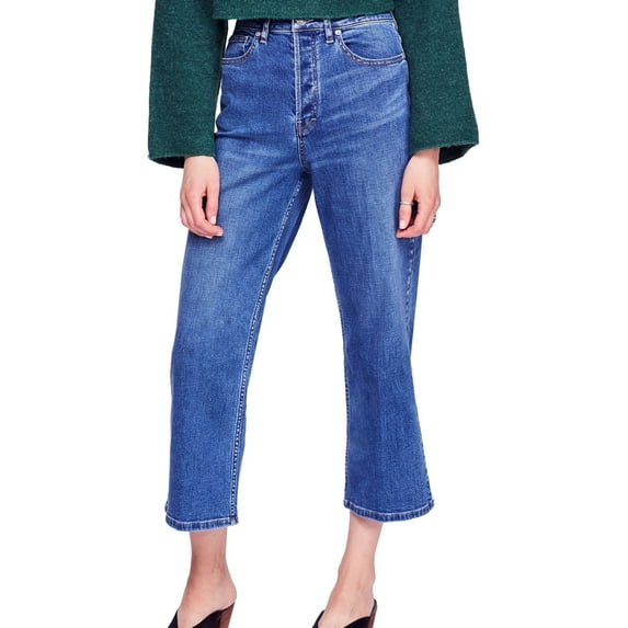 Free People Womens Solid Wide Leg Cropped Jeans, Blue, 29
