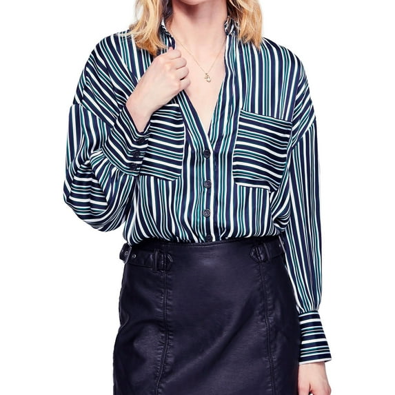Free People Womens Striped Button Up Shirt, Blue, X-Small