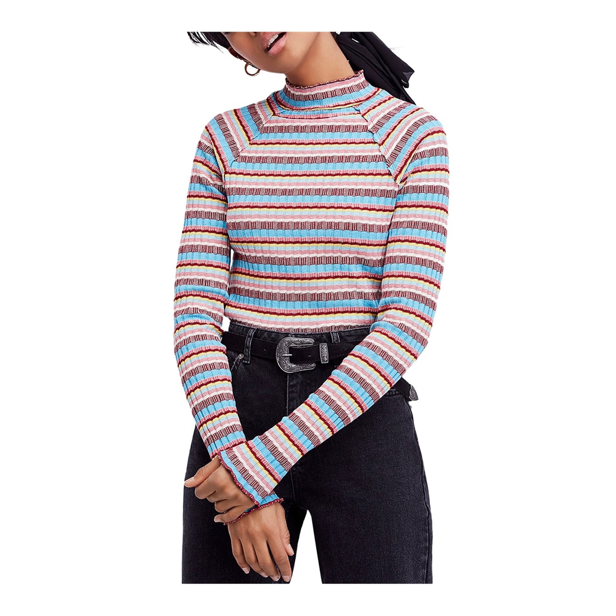Free People Womens Striped Mock Neck Pullover Sweater Blue X