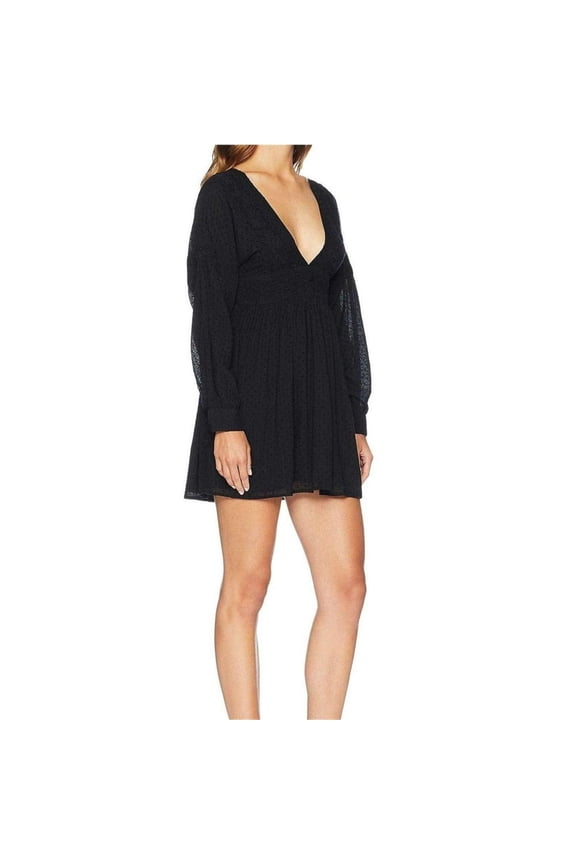 Womens Black Long Sleeve V Neck Above The Knee A-Line Dress Size: XS