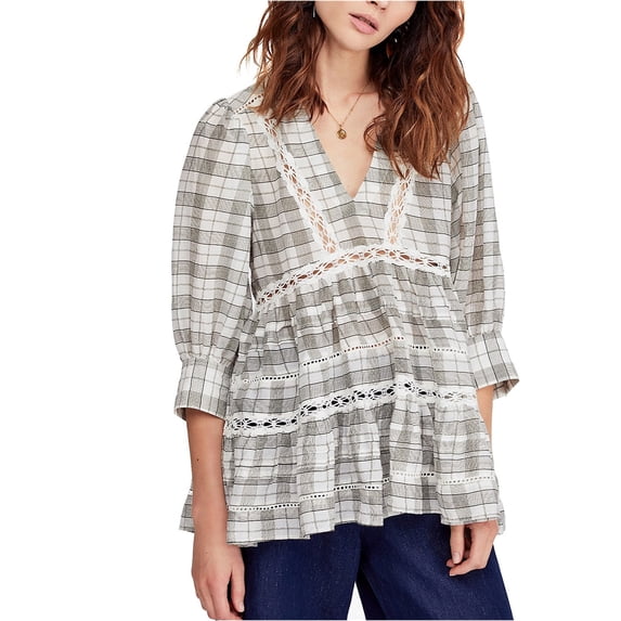 Free People Womens Time Out Lace Trim Tunic Blouse, Off-White, Large