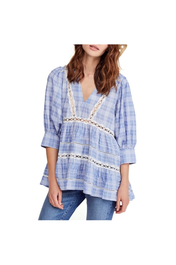 Womens Time Out Plaid Lace Trim Tunic Blue Navy Combo M