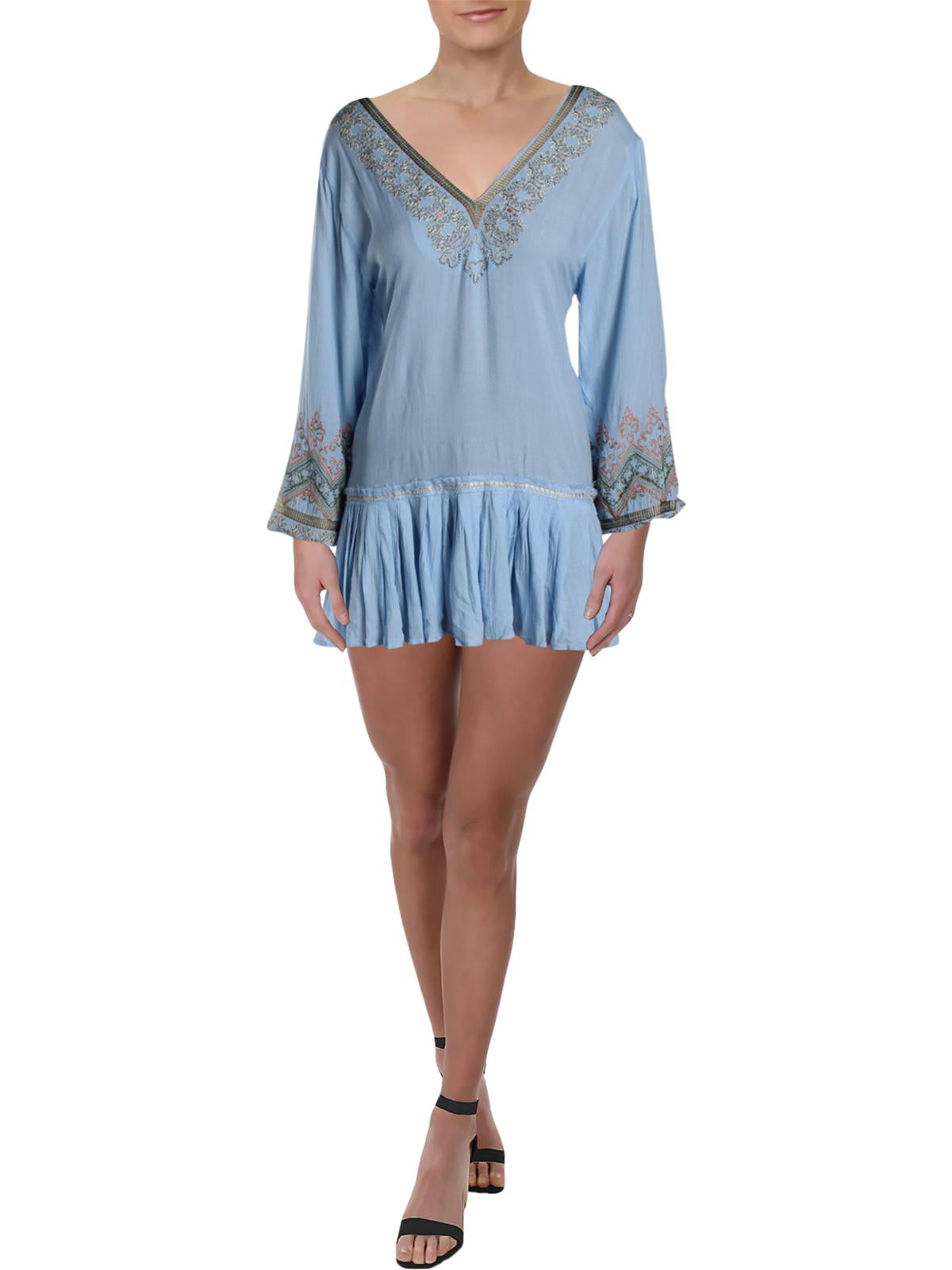 free people blue embroidered dress Women's Wild One Mini - Put on a long