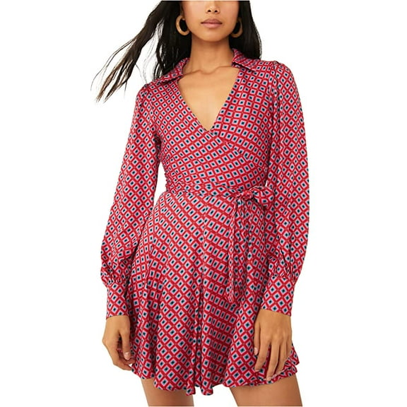 Free People It Takes Two Long Sleeve Mini Dress - Neckline with Collar, Tie Wrap Closure Smart Dress for Women Pop Combo XS Women's 0-2 One Size
