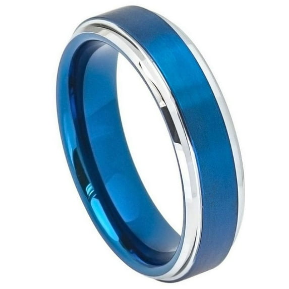 Free Personalized laser engraving tungsten Band 6mm Blue IP Brushed Center High Polished Stepped/Beveled Edge
