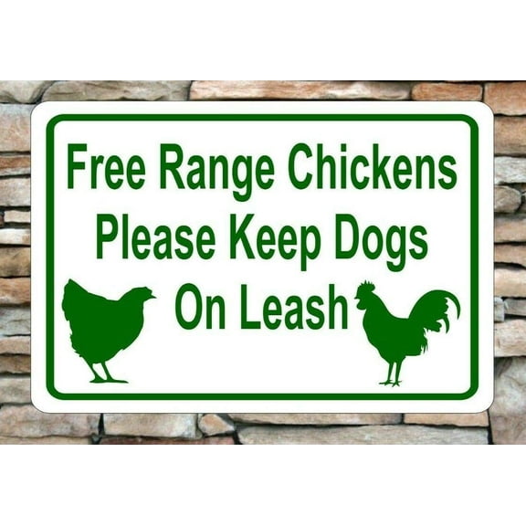 Free Range Chickens Keep Dogs Leashed Decor Tin Metal Sign 8 X 12 Inch Rooster Farm