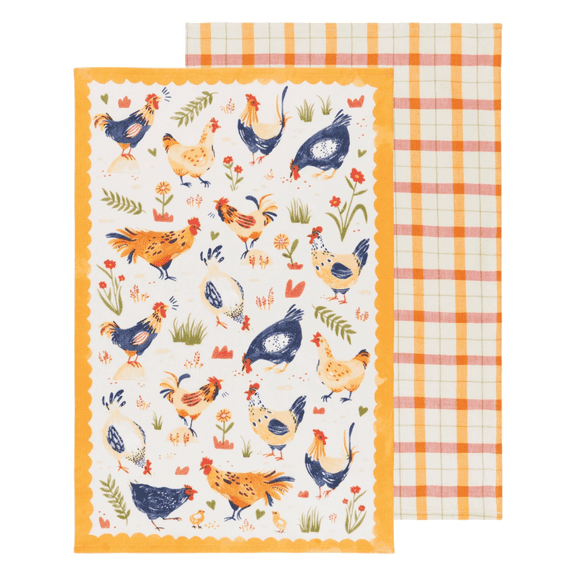 Free Range Printed Roosters And Chickens Dish Towels, Yellow Plaid Cotton, 2 Count