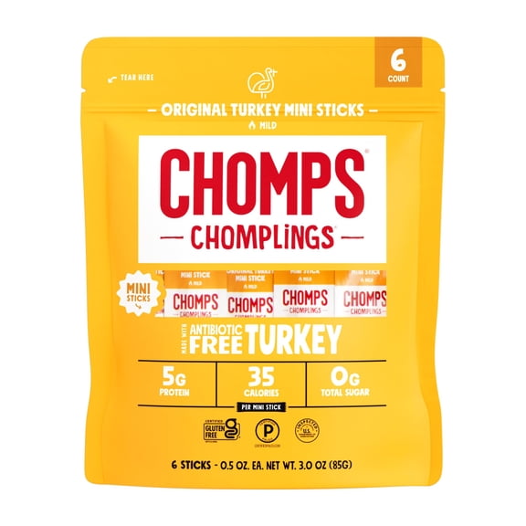 Free Range Turkey Jerky Meat Snack Sticks Original 0.5 Ounce Pack Chomps Mini Of 6