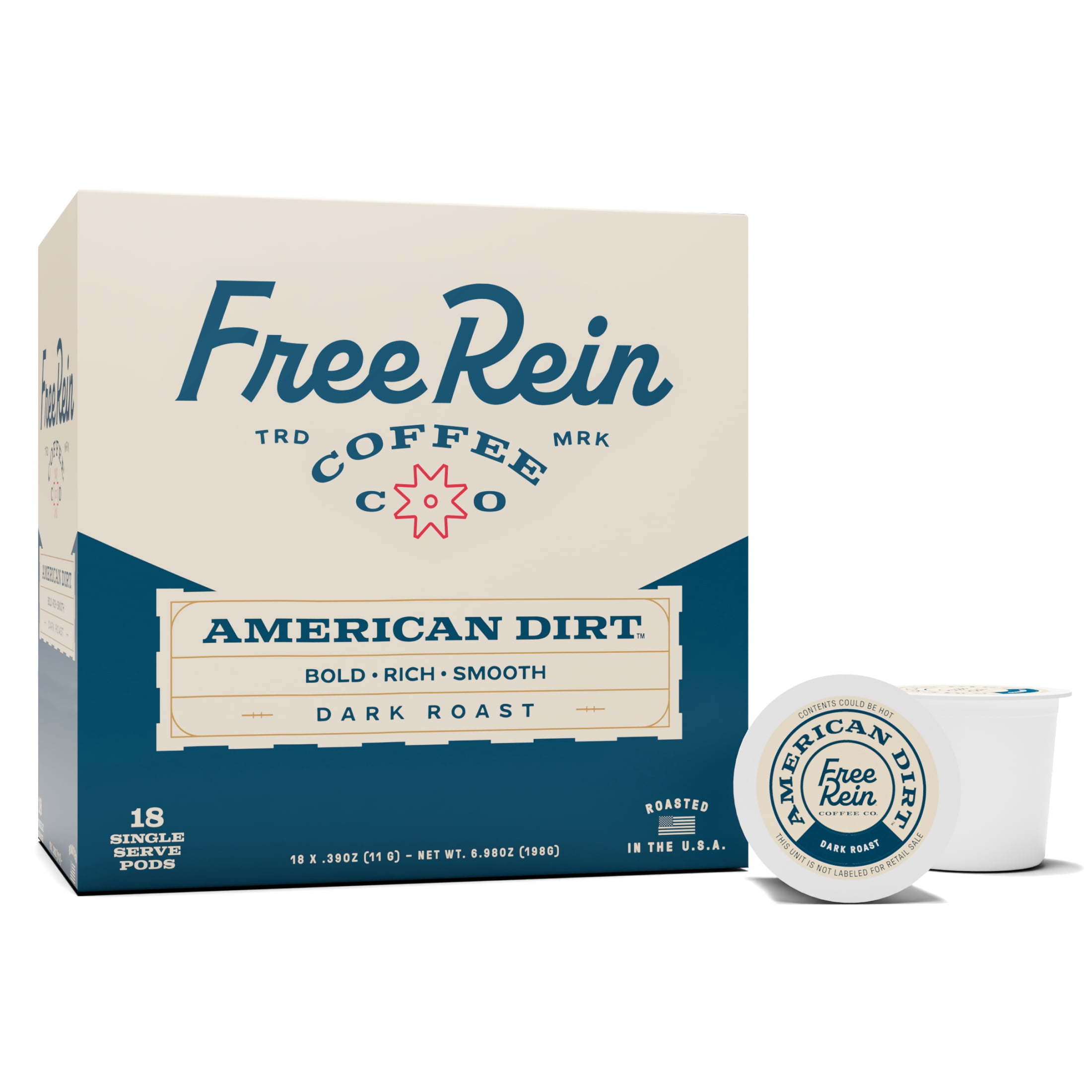 Free Rein Coffee Company, American Dirt Dark Roast Coffee K-Cup Pods, 18 Count Box