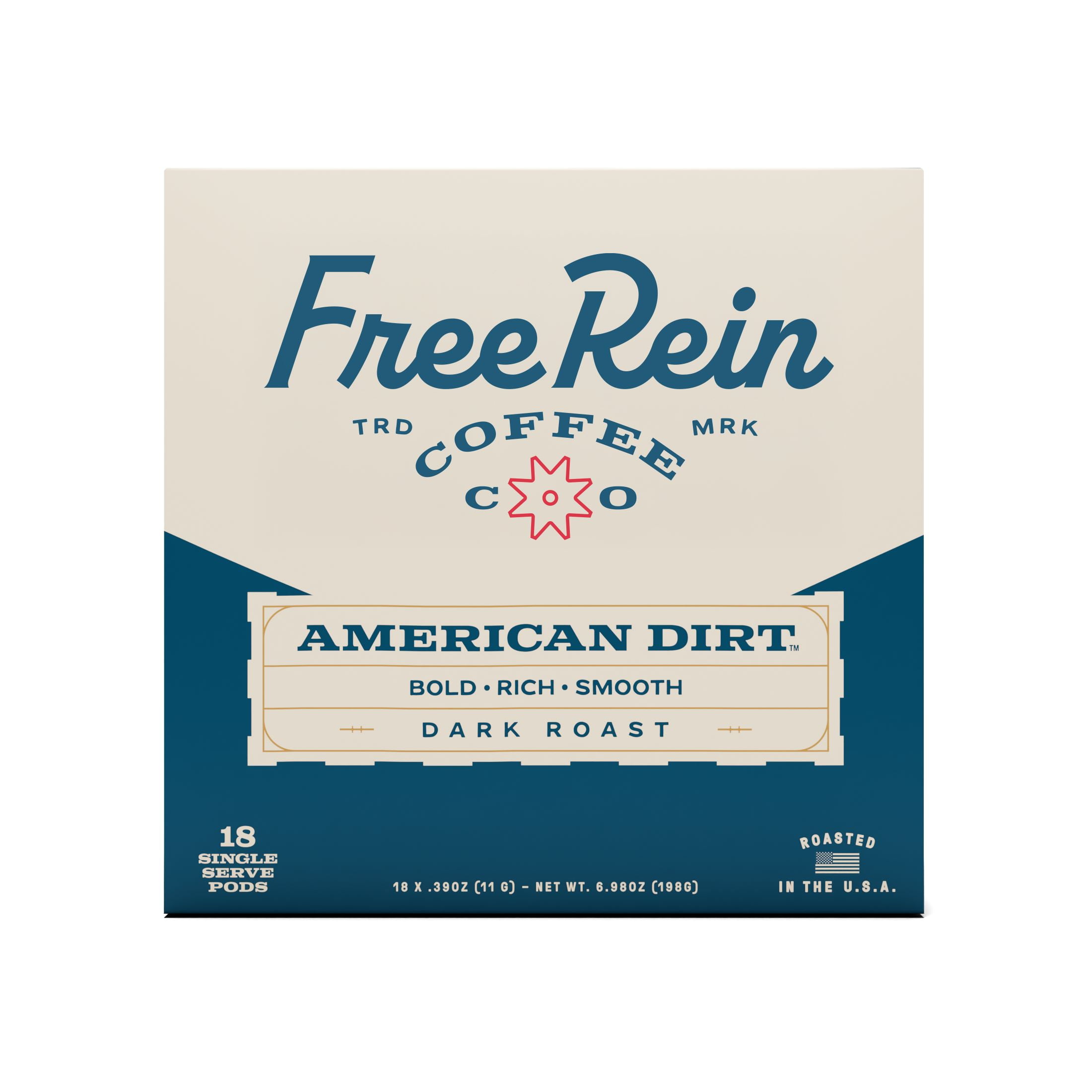 Walmart discounts of Free Rein Coffee Company, American Dirt Dark Roast Coffee K-Cup Pods - Bold and Smooth Coffee, Roasted in America, 18 Count Box