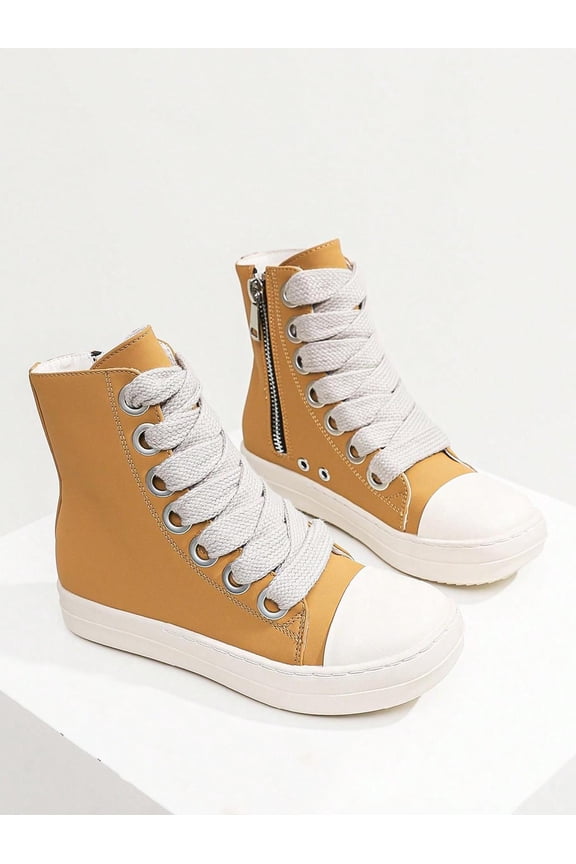 Free Returns & Exchanges Quick Arrival Women's High-Top Lace-Up Zip Flat Boots Party Daily Wear Casual Versatile Fashion Sneakers Cute Classic American Style Yellow Boots 2026