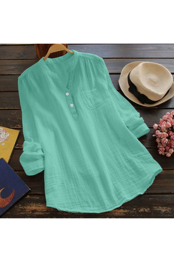 Free Shipping Linen Gauze Shirts Women 2025 Summer Long Sleeve Button Down Vneck Casual Tee Lightweight Vacation Going Out Blouses