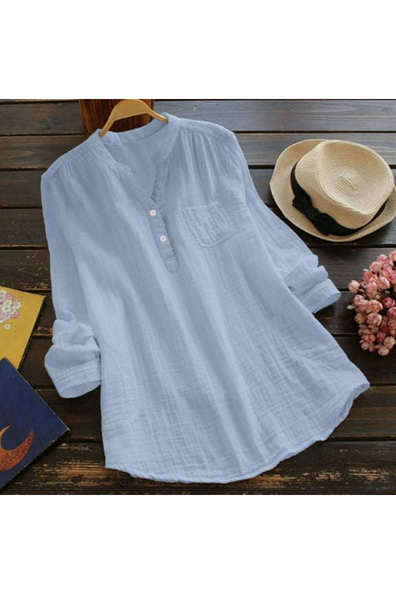 Free Shipping Linen Gauze Shirts Women 2025 Summer Long Sleeve Button Down Vneck Casual Tee Lightweight Vacation Going Out Blouses