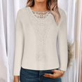 thumbnail image 1 of Free Shipping Long Sleeve Shirt for Women 2025 Fall Solid Lace Patchwork Hollow Out Crew Neck Top Casual Trendy Crochet Knit Blouses, 1 of 6