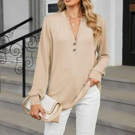 Free Shipping Long Sleeve Tunic Tops for Women Loose Fit Button Up Deep V Neck Tee Shirts Ladies Texture Casual Fall Blouse