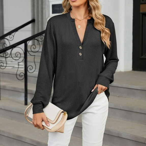 Free Shipping Long Sleeve Tunic Tops for Women Loose Fit Button Up Deep V Neck Tee Shirts Ladies Texture Casual Fall Blouse