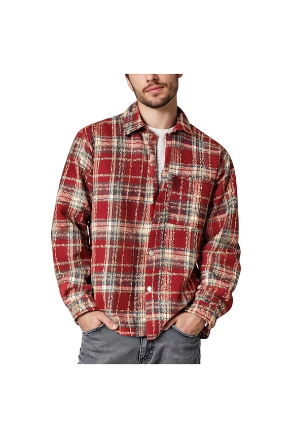 Free Shipping Men's Casual Cotton Plaid Shirts Long Sleeve Button-Down Flannel Overshirt Jacket