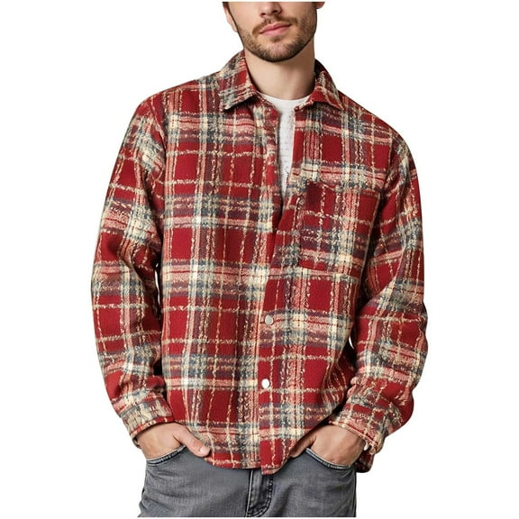 Free Shipping Men's Casual Cotton Plaid Shirts Long Sleeve Button-Down Flannel Overshirt Jacket