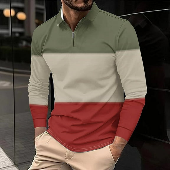 Free Shipping Men's Casual Golf t-Shirt Fall Fashion 2025 Long Sleeve Zip Up Polo Shirt Slim Fit Color Block Graphic Pullover Tops