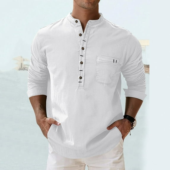 Free Shipping Men's Linen Henley Shirt Long Sleeve Fashion Casual Cotton Soft Washed with Pocket Beach T Shirt